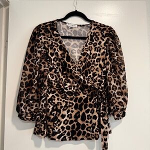 Leopard Print Wrap Blouse with Sheer Sleeves
